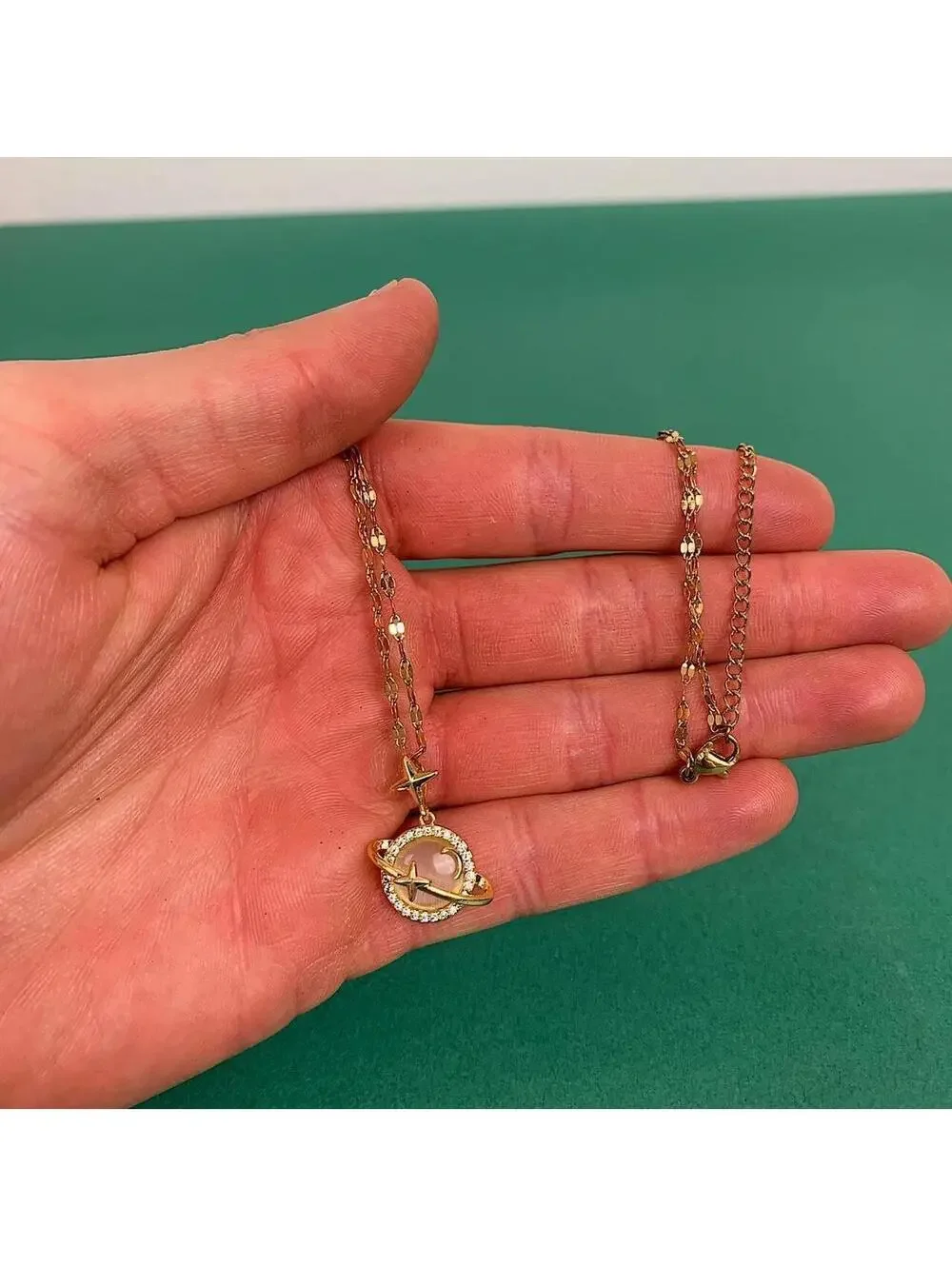 Y2k gold opal planet pendant opium necklace. Cool design. Chain is unisex. 18